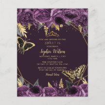 Budgeterad Lila Blommigt Butterfly Sweet 16-inbjud
