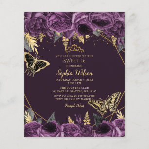 Budgeterad Lila Blommigt Butterfly Sweet 16-inbjud