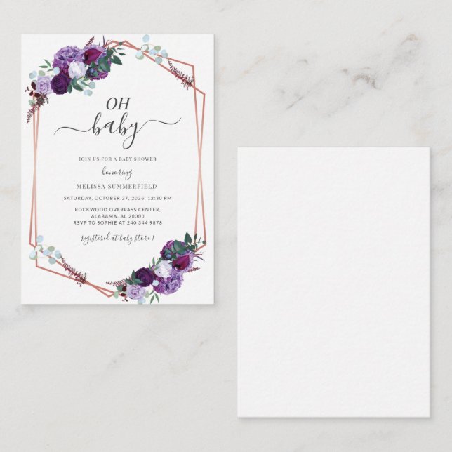 Budgeterad Lila Blommigt Geometric Girl Baby Showe Anteckningskort (Fram/baksida)