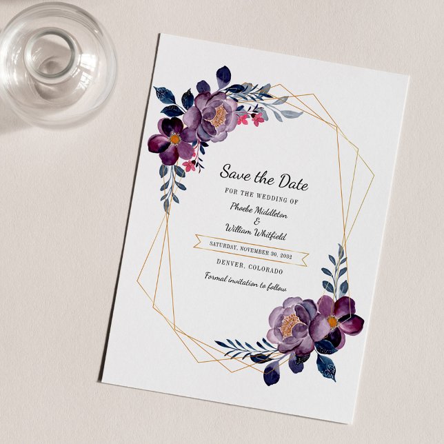 Budgeterad Lila Blommigt Geometric Ram Spara datum Flygblad (Purple Floral Watercolor Geometric Save the Date Flyer)