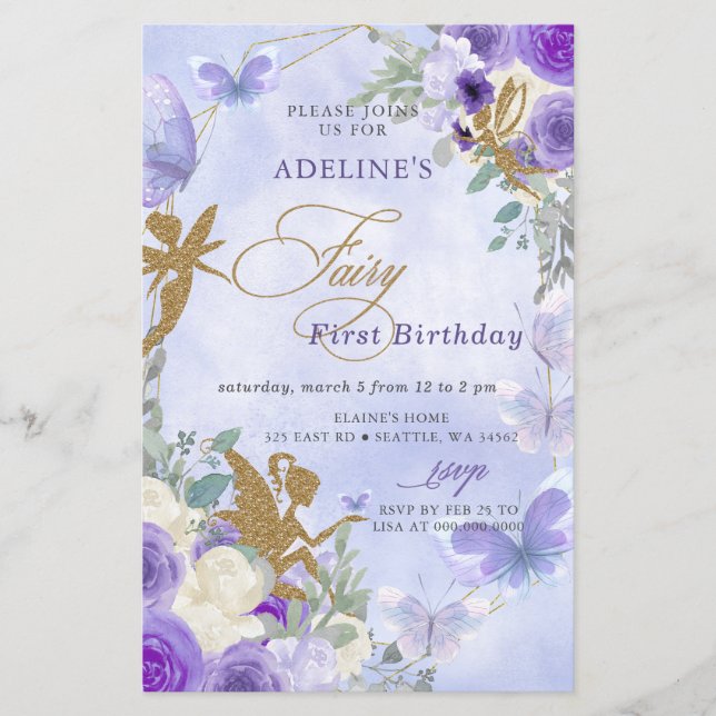 Budgeterad Lila Butterflies Fairy First Birday (Framsida)