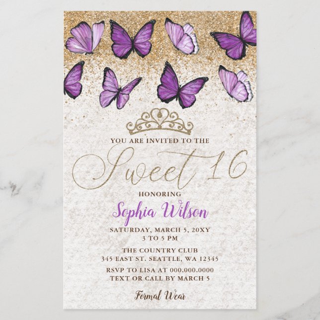 Budgeterad Lila Guld Butterfly Sweet 16-inbjudan (Framsida)