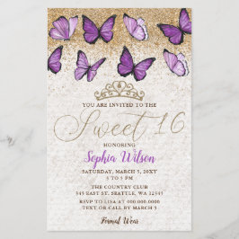 Budgeterad Lila Guld Butterfly Sweet 16-inbjudan