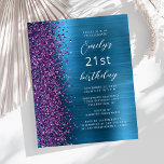 Budgeterad Lila Teal Glam 21:a födelsedagen Inbjud<br><div class="desc">Det lämnat kant i detta moderna födelsedagsfest inbjudan uppvisar en lila faux gräns i glitter. Anpassadet kombinerar vitt skript och sans serif typsnitt på en tealblå faux-borstad metall-bakgrund. Den omvända sidan har en matchande design.</div>