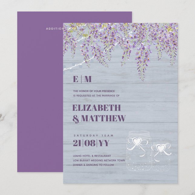 Budgeterad Lila Wisteria Dusty Blue Bröllop Inbjudningar (Fram/baksida)