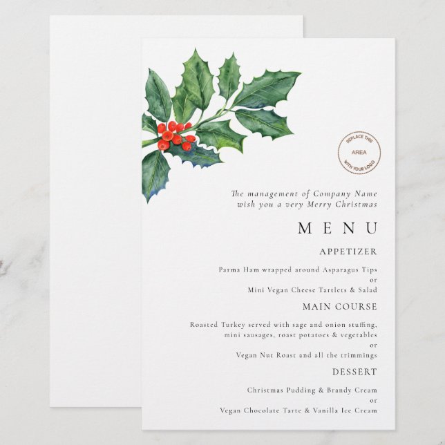 Budgeterad Logotyp Holly Berries jul Party Menu (Fram/baksida)