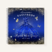 Budgeterad marblå Guld-gegna Quinceanera Guestbook