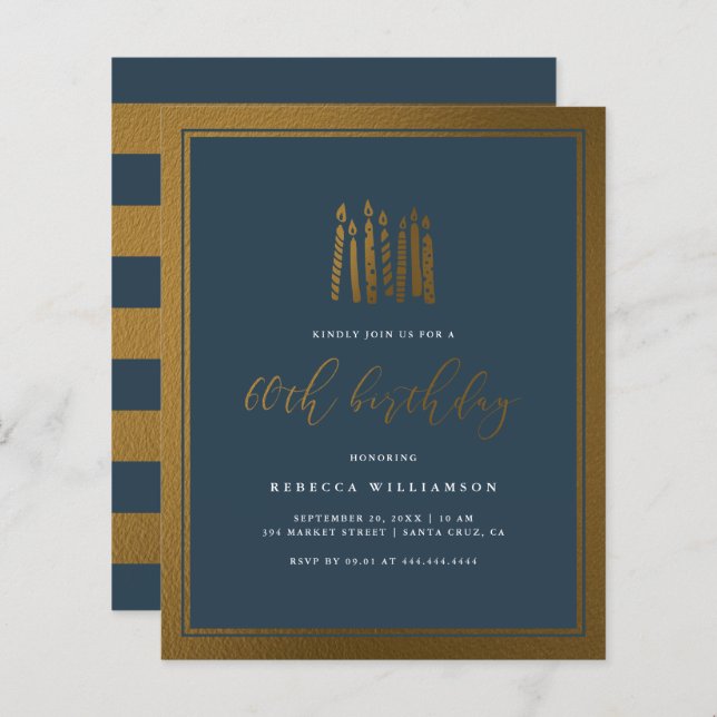 Budgeterad marin blå och Guld ljus 60:e födelsedag (Fram/baksida)