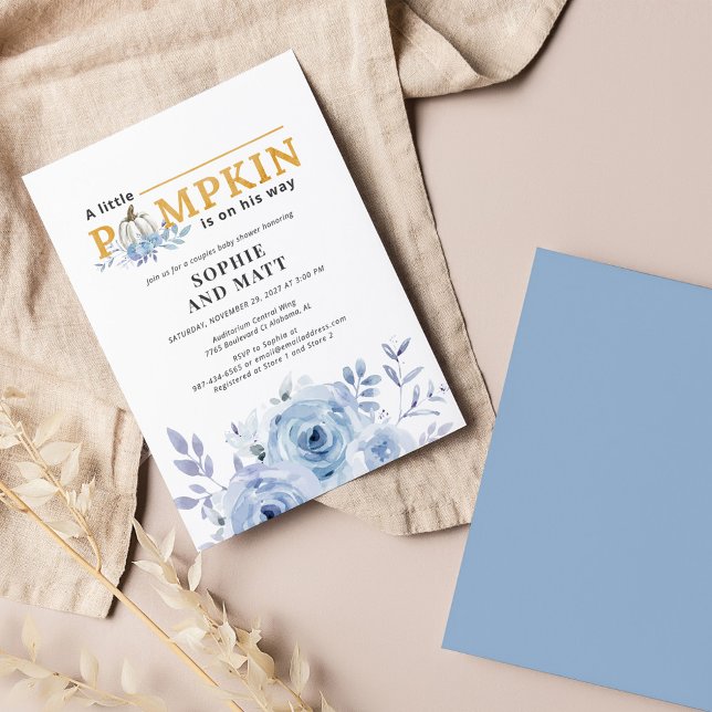 Budgeterad Pumpkin Blue Lilac Boys Baby Shower Anteckningskort (Little Pumpkin Boy Baby Shower Invitation Front and Back View)