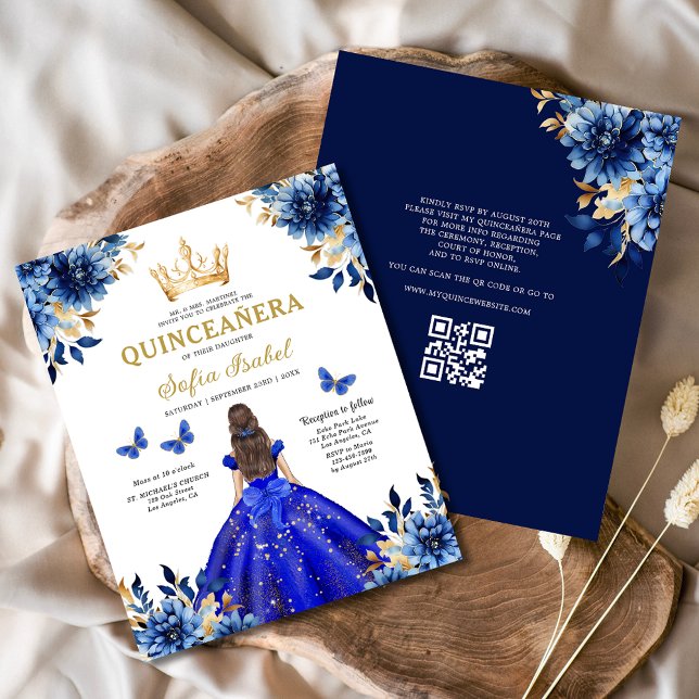 Budgeterad QR-Blommigt Royal Blue Quinceanera Flygblad (Skapare uppladdad)