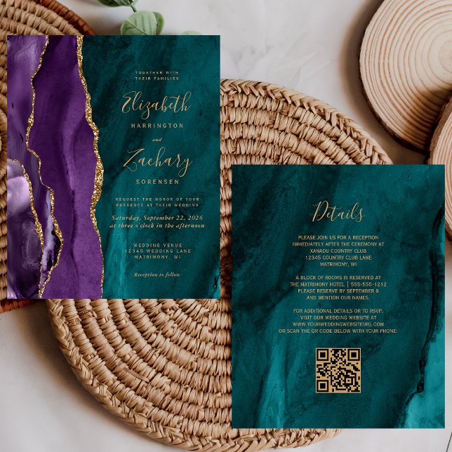 Budgeterad QR-kod Lila Guld Teal Agate Bröllop (Skapare uppladdad)