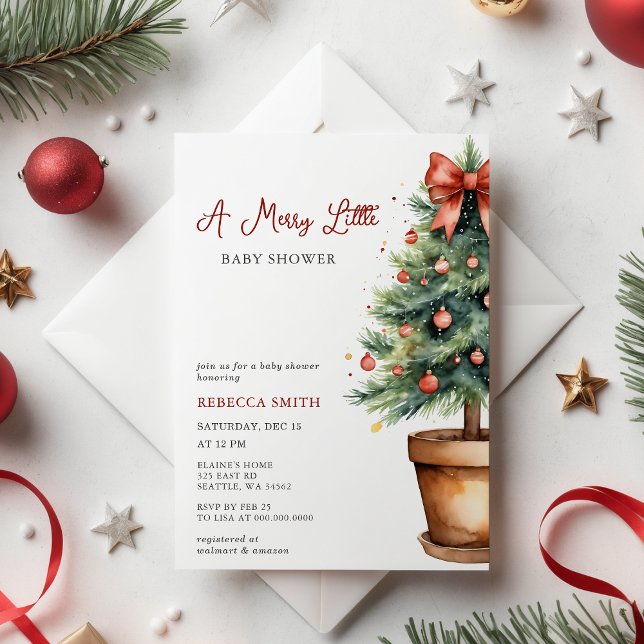 Budgeterad Red Bow-jultomten - lilla babyskabinka (Budget Red Bow Christmas Tree Merry Little Baby Shower Invitation)