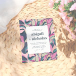 Budgeterad Retro Groovy Colorful Abstrakt Bröllop<br><div class="desc">Blommigt av ljusa färger Abstrakt Groovy Retro-bröllop, en modern vrid på ett retrotema. Framsidan av dessa budgetinbjudningar visar en abstrakt botaniskt mönster i fet och skarp ton av lila, blått och teal. Uppgifterna om bröllop presenteras på ett vitt rektangulärt överlägg med böjda hörn, medan parets namn går i centrum i...</div>
