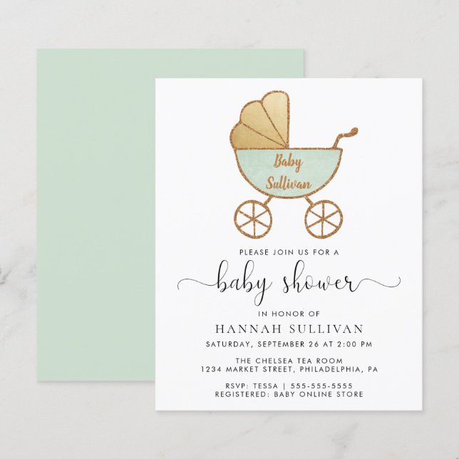 Budgeterad Retro Mint Carriage Baby Shower Inbjuda (Fram/baksida)
