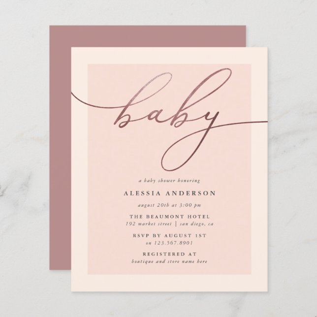 Budgeterad  Ro Guld Typography Girl Baby Shower (Fram/baksida)
