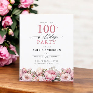 Budgeterad Rosa Blommigt 100:e födelsedagsinbjudan Flygblad