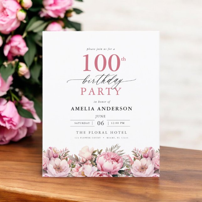 Budgeterad Rosa Blommigt 100:e födelsedagsinbjudan Flygblad (Skapare uppladdad)