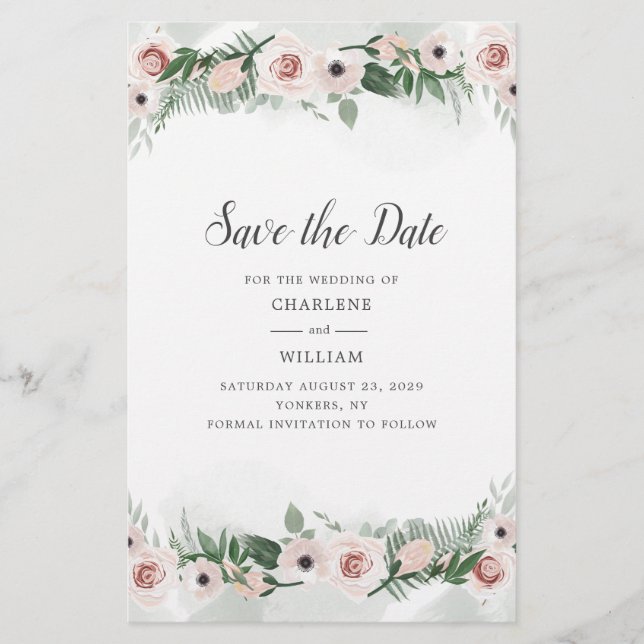 Budgeterad Rosa Blommigt  vattenfärg Spara datum Brevpapper (Framsida)