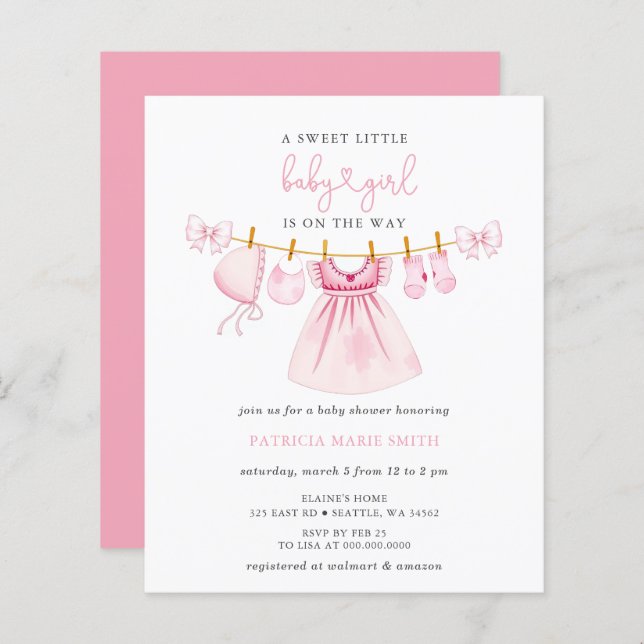 Budgeterad Rosa Clothesline Bow Girl Baby Shower (Fram/baksida)