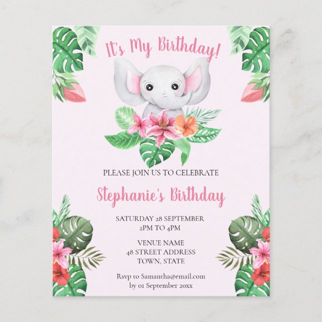 Budgeterad Rosa Elephant Girl Baby Birthday Inbjud (Framsida)