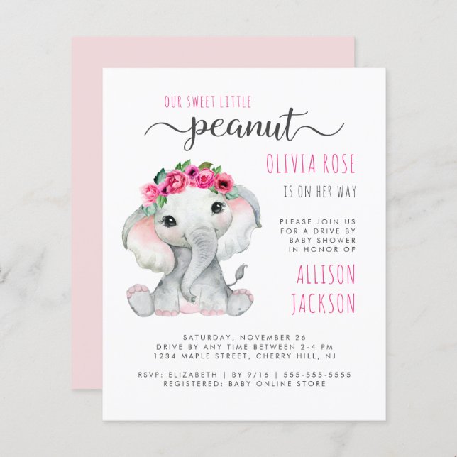 Budgeterad Rosa Elephant Girl Drive by Baby Shower (Fram/baksida)