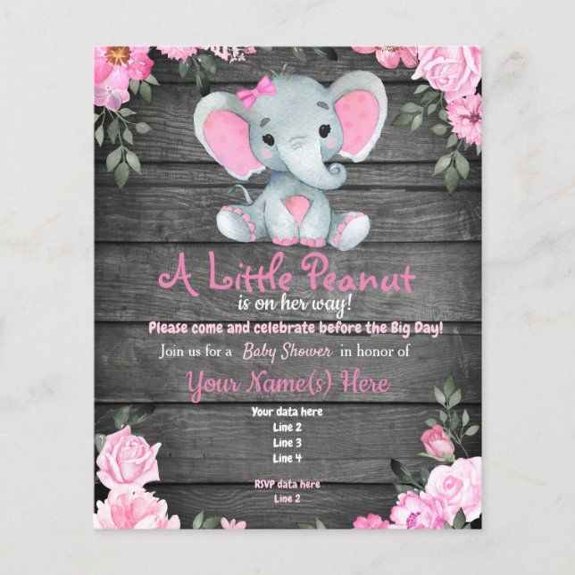Budgeterad Rosa Elephant Rustic Blommigt Baby Show Flygblad (Framsidan)
