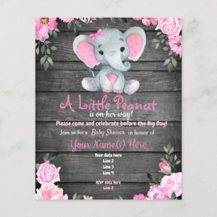 Budgeterad Rosa Elephant Rustic Blommigt Baby Show Flygblad