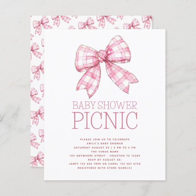 Budgeterad Rosa Gingham Bow Baby Shower Picnic (Fram/baksida)