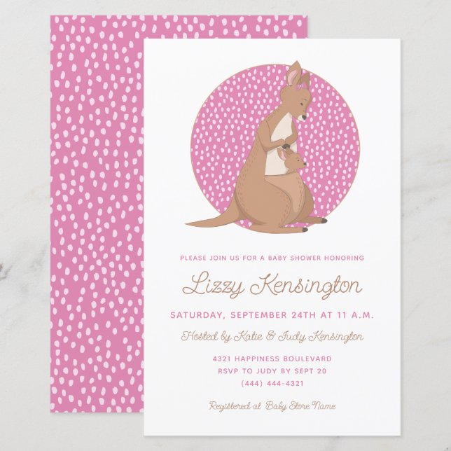 Budgeterad Rosa Kangaroo Flicka Shower-inbjudan (Fram/baksida)