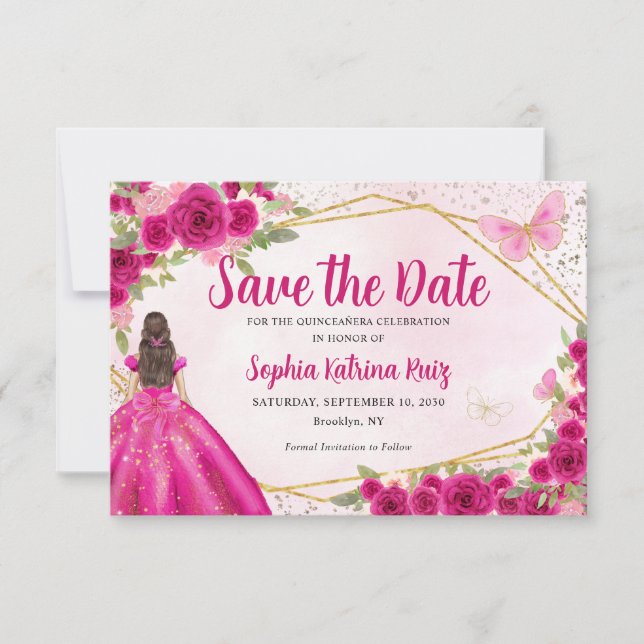 Budgeterad Rosa Princess Quinceañera Spara datum Anteckningskort (Framsida)