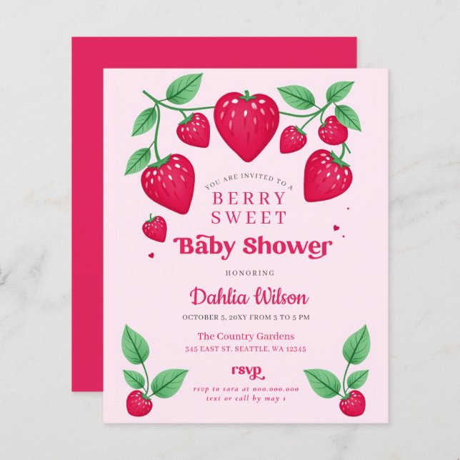 Budgeterad Rosa Red Berry Sweet Baby Shower Inbjud (Fram/baksida)
