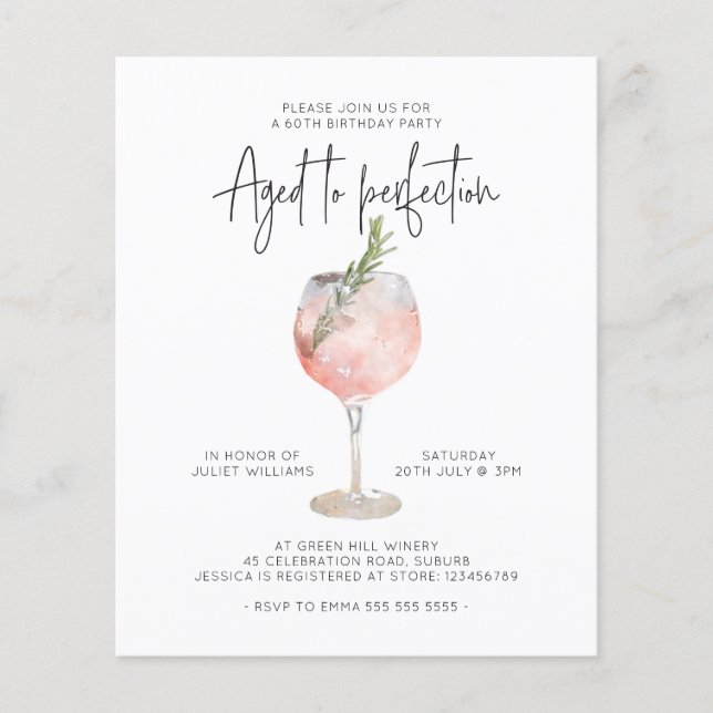 Budgeterad Rosa Vin Åldras till Perfektion 60:e fö Flygblad (Framsidan)