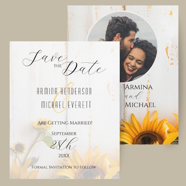 Budgeterad Rustic Solros Bröllop spara datum (A budget rustic sunflower wedding save the date card with white barn wood and photo.)