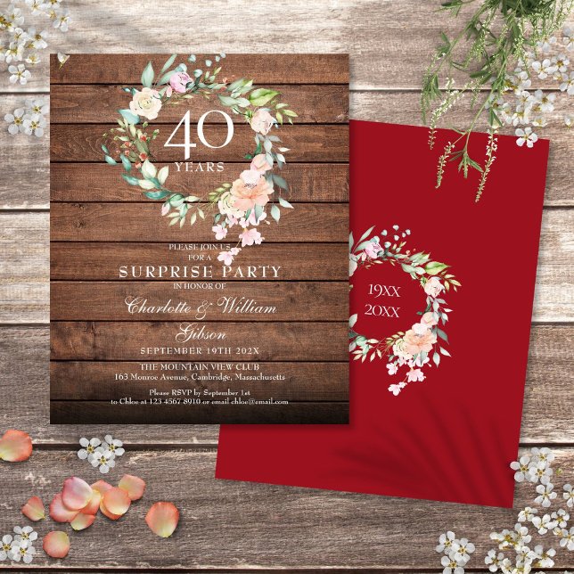 Budgeterad Rustic Surprise 40-årsinbjudan (Budget Rustic Surprise 40th Anniversary Invitation)