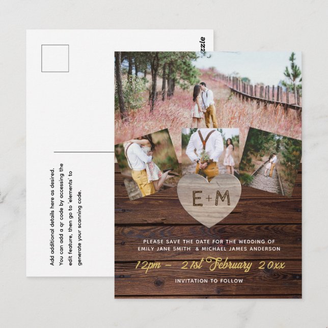 Budgeterad Rustic Wood Photo Collage Engraved Hear Vykort (Fram/baksida)