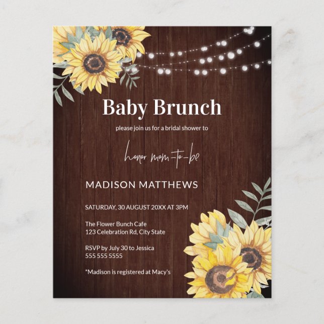 Budgeterad Rustic Wood Sunsun Baby Shower Inbjudan Flygblad (Framsidan)