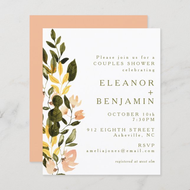 Budgeterad Rustik Peach-Blommigt Möhippa Inbjudan (Fram/baksida)