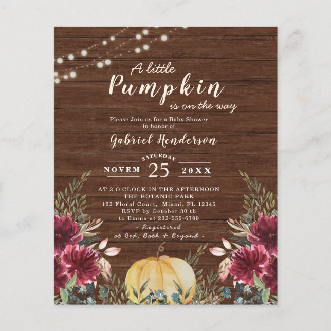 Budgeterad rustik Pumpkin Baby Shower Light-inbjud (Framsida)