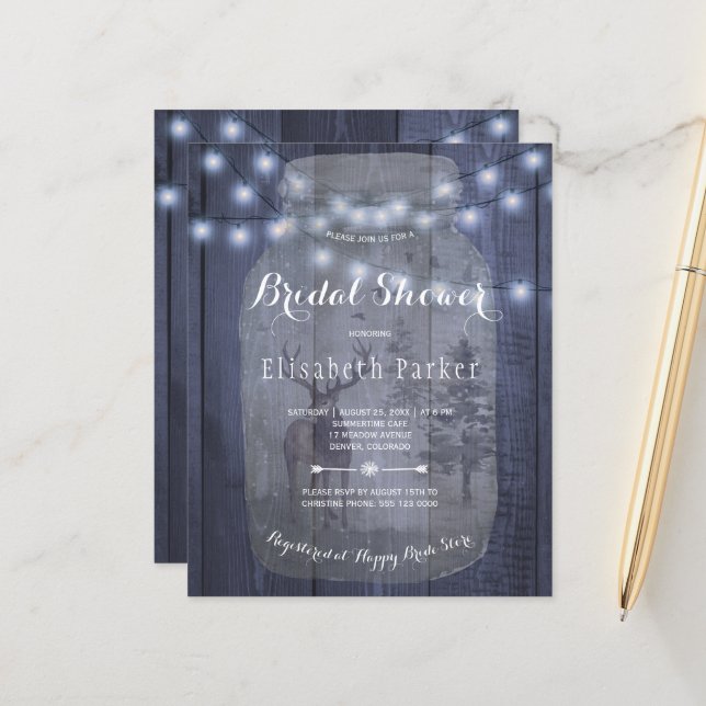 Budgeterad rustik vinter inbjudningskort för möhip (Fram/Back In Situ)