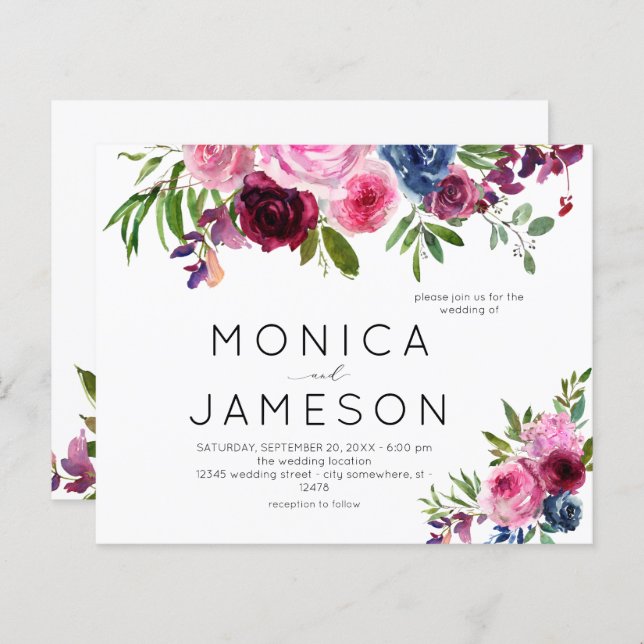 Budgeterad Shock rosa och marin blå Blommigt Bröll (Fram/baksida)