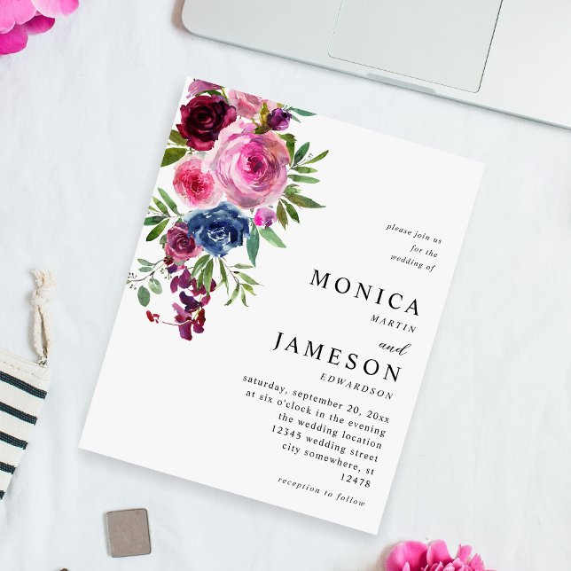 Budgeterad Shock rosa och marin blå Blommigt Bröll Flygblad (Skapare uppladdad)