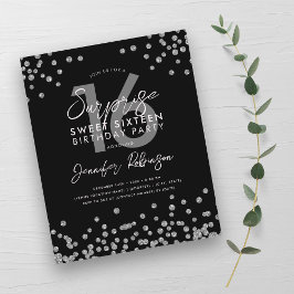 Budgeterad Silver Black Confetti Sweet 16 Inbjudan