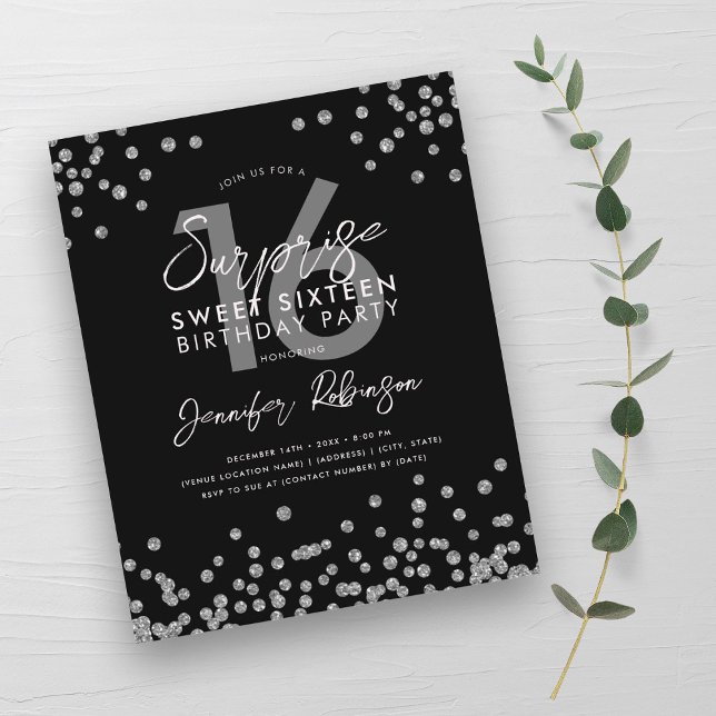 Budgeterad Silver Black Confetti Sweet 16 Inbjudan (Budget Silver Black Confetti Sweet 16 Invite)