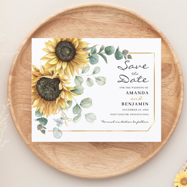 Budgeterad solrosokalyptus-Blommigt Spara datum (Sunflower Eucalyptus Watercolor Wedding Save the Date)