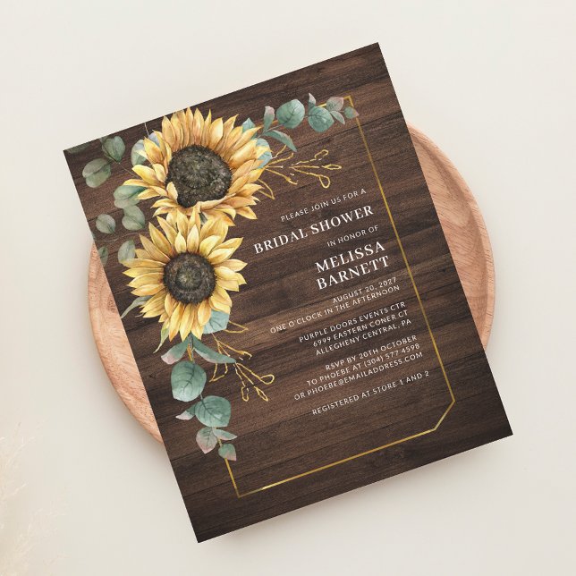 Budgeterad Solrosolja Eucalyptus Möhippa Rustic (Rustic Floral Sunflower Eucalyptus Greenery Wood Bridal Shower Invitation)