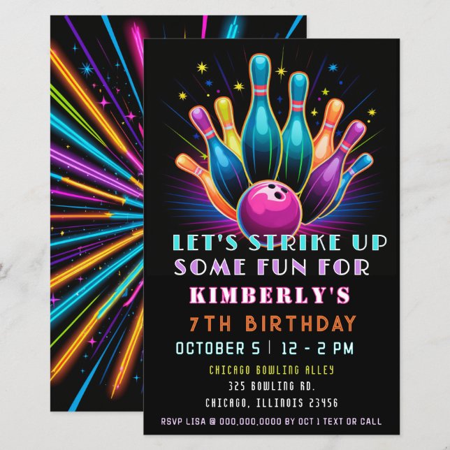 Budgeterad Strejka upp Neon Glow Bowling Birthday (Fram/baksida)