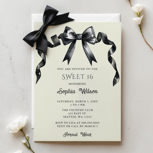 Budgeterad Svart fack 16 inbjudan (Budget Elegant Watercolor Coquette Black Bow Sweet 16 Invitation)