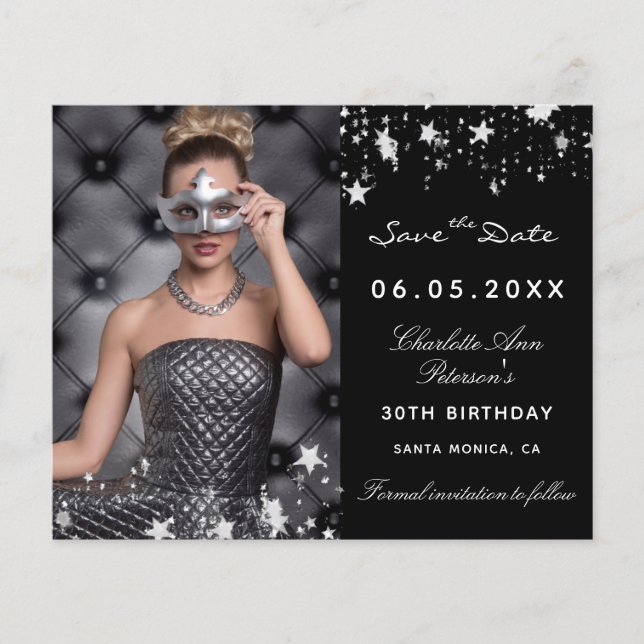 Budgeterad svart silver fotofödelsedag Spara datum (Framsida)