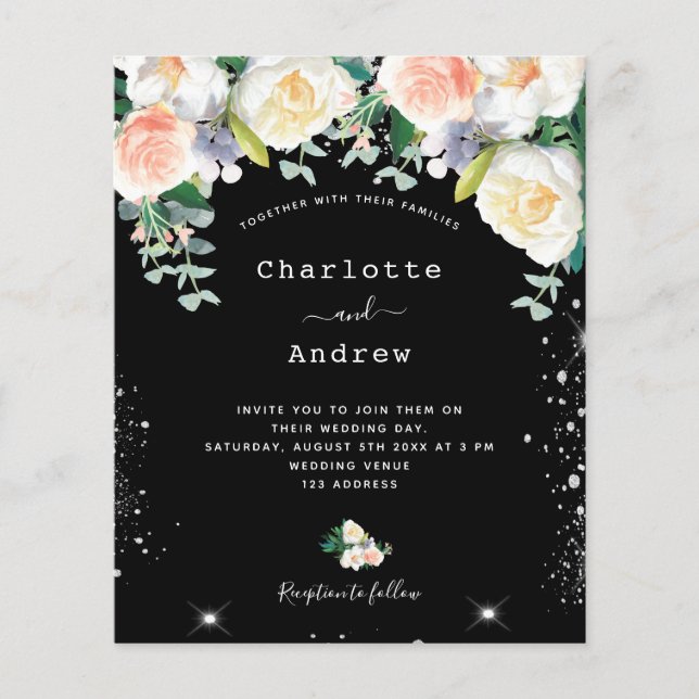 Budgeterad svartvit rosa blommigt silver bröllop (Framsida)