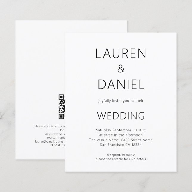 Budgeterad text QR-kod Svartvit Bröllop (Fram/baksida)